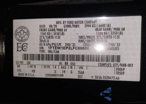 2020 Ford F-150 Lariat from USA, damaged, VIN 1FTEW1EP2LFC69800